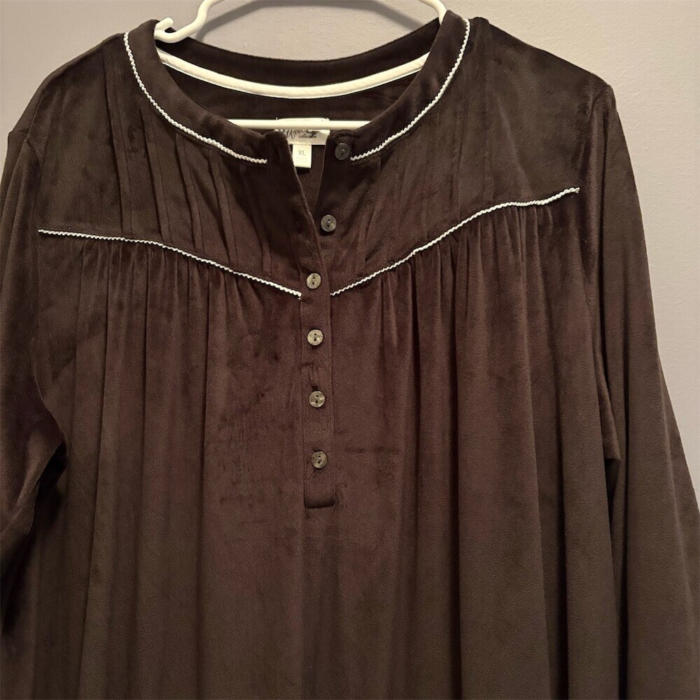 Aria Collection Nightgown Womens XL Black Long Sleeve Button Front Piped - Picture 2 of 9